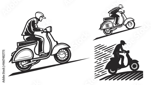 Dynamic black and white illustrations of people riding classic scooters on an upward sloping path representing progress and movement