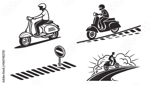 Collection of stylized black and white illustrations depicting people riding scooters in various scenarios including a pedestrian crossing and a road with a sunset