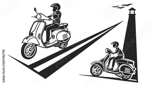 Two stylish retro scooters with riders wearing helmets travel on a road towards a lighthouse with birds flying overhead