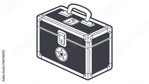 A stylized isometric illustration of a dark grey vintage suitcase with a silver handle latch and reinforced corners featuring a keyhole emblem and a star emblem on the front