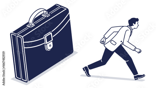 Stylized illustration of a businessman in a suit running towards a large dark blue briefcase symbolizing career goals and professional ambition