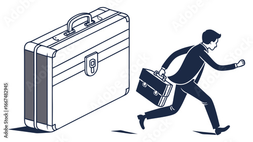 A businessman in a suit runs with a briefcase towards a giant briefcase symbolizing ambition and pursuit of success in business