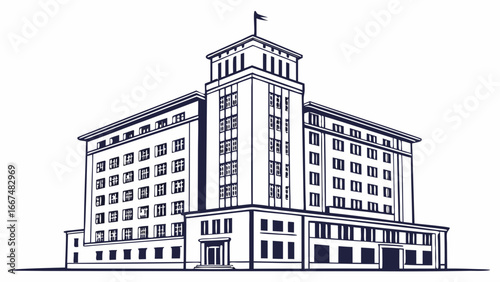 A striking line art illustration of a grand multi story building with a central tower and a flag at its peak against a clean white background