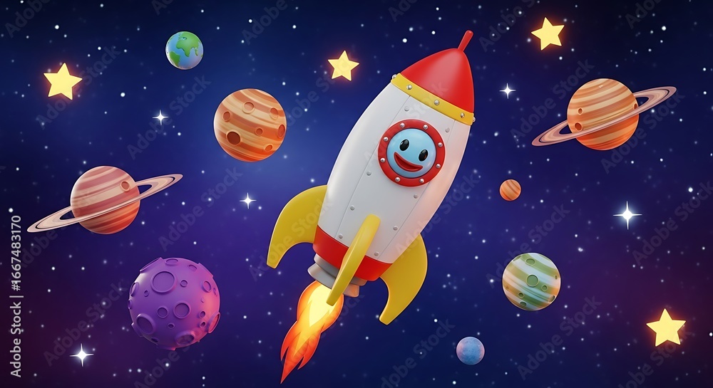 Naklejka premium Colorful Rocket Ship Taking Off into Space.