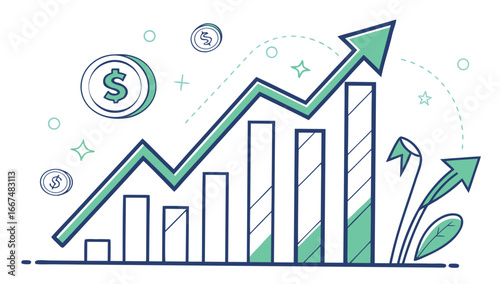 Stylized illustration of a financial growth chart with upward trending arrow dollar coins and decorative elements symbolizing success and prosperity
