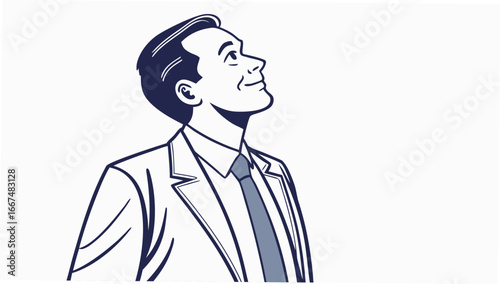 A smiling man in a suit and tie looks upwards with optimism and anticipation representing success and future possibilities