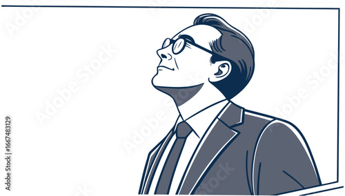Stylized illustration of a thoughtful businessman wearing glasses and a suit looking upwards with a determined expression and ample copy space