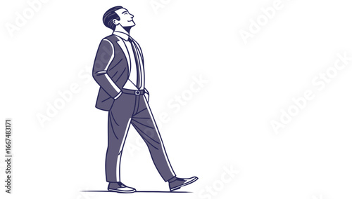 Confident businessman in a stylish suit walking forward with hands in pockets and looking up with a hopeful expression