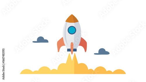 A stylized cartoon rocket ship blasts off into the dark sky leaving a trail of orange smoke and accompanied by two small grey clouds