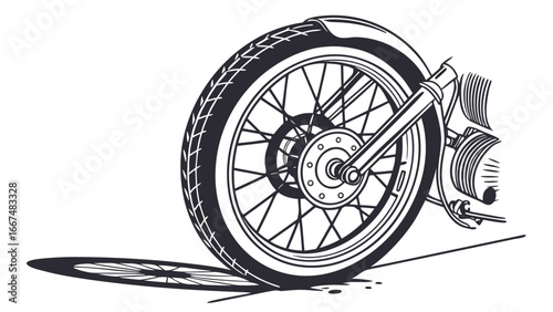 Detailed illustration of a classic motorcycle front wheel with spoked rim tire and suspension system casting a shadow on a white background