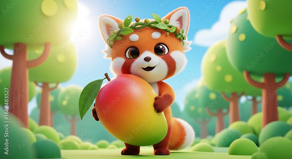 Cute cartoon red panda holding a large mango in a sunny forest.