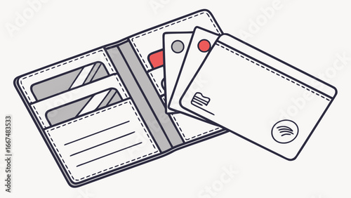 Modern minimalist illustration of an open leather wallet filled with credit cards and bank cards on a clean white background