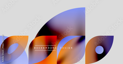 Abstract shapes overlap, creating vibrant color gradients. Modern design features flowing forms, orange, blue hues. Text reads background design.