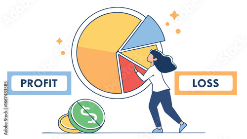 Woman interacting with a pie chart representing financial performance with profit and loss sections and currency symbols