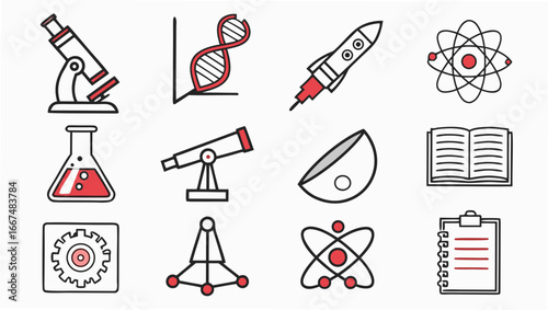 Collection of stylized scientific icons including a microscope dna strand rocket atom flask telescope celestial body book gear molecular structure and clipboard