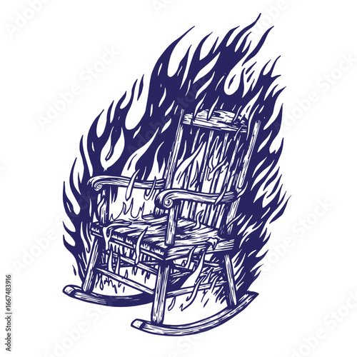 Burning blue rocking chair illustration representing destruction and the passage of time