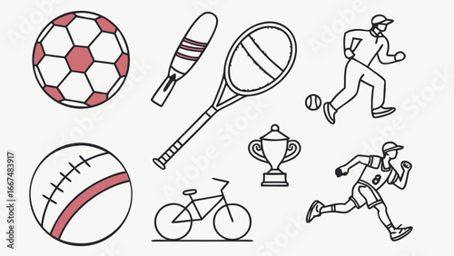 Collection of sports equipment and athletes including soccer ball baseball bat tennis racket trophy bicycle and runners