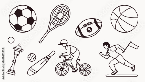 Collection of stylized sports equipment and athletes in motion including a soccer ball tennis racket american football basketball baseball bat baseball player on a bicycle and runner with a flag