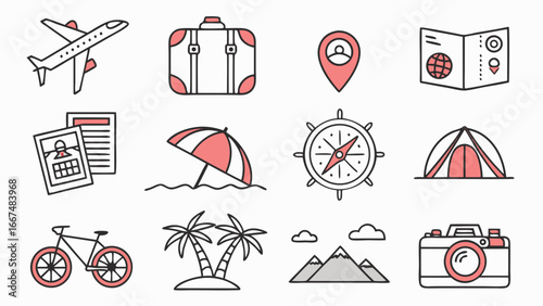 Collection of travel and vacation icons including an airplane suitcase location pin passport beach umbrella compass tent bicycle palm trees mountains and camera