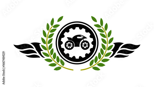 A minimalist design featuring a green laurel wreath with a golden stem on a black background symbolizing victory achievement and excellence