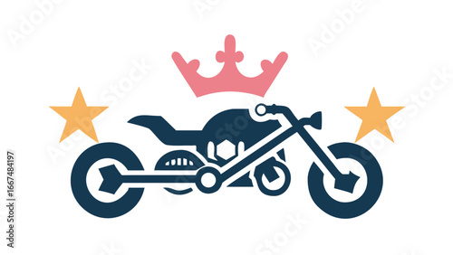 Stylized vintage motorcycle silhouette with a pink crown and two golden stars on a black background representing power and prestige
