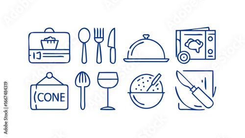 A collection of simple blue line art icons representing various food and dining concepts including a lunchbox a microwave a cloche a wine glass cutlery and a sign