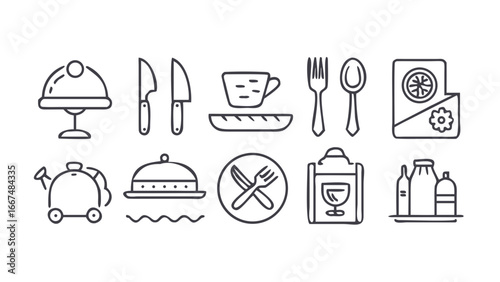A collection of thin line icons representing various food and beverage service elements including cutlery serving dishes and drinks on a black background
