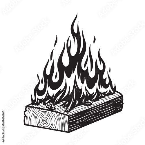 Burning bonfire engraved illustration depicting flames over log with wood grain texture