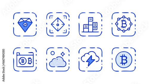A collection of eight blue hand drawn style icons representing various concepts including cryptocurrency finance technology and weather against a black background