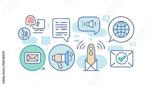 Digital communication and marketing concepts illustrated with icons including email social media global reach and broadcasting messages through various channels
