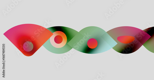 Abstract colorful shapes overlap, creating flowing pattern. Gradient hues blend, forming dynamic visual composition. Minimalist design.