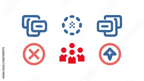 Collection of simple flat design icons representing business concepts like teamwork rejection progress and data management on a black background