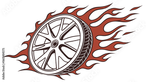 Stylized illustration of a car wheel with flames emanating from its side symbolizing speed and power