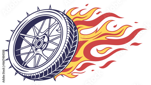 A stylized motorcycle wheel with sharp spikes around the rim engulfed in vibrant red and yellow flames symbolizing speed and power