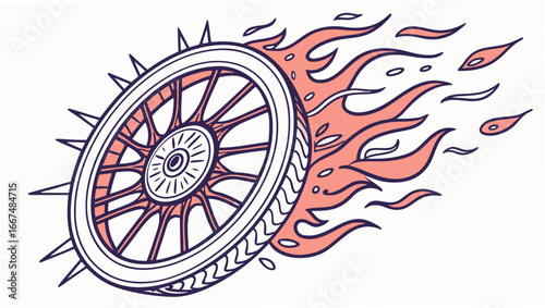 A stylized illustration of a motorcycle wheel with sharp spikes around the rim and stylized flames emanating from the side against a white background