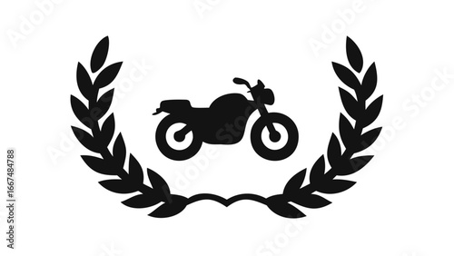 Silhouette of a classic motorcycle enclosed within a laurel wreath symbolizing victory achievement and excellence in motorcycling culture and sport
