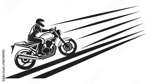Dynamic black and white illustration of a motorcyclist in full gear riding a classic cafe racer motorcycle with motion streaks conveying speed and freedom