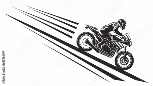 Dynamic black and white illustration of a motorcycle racer in full gear speeding forward with motion blur lines creating a sense of extreme velocity and action
