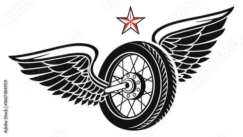 Stylized black motorcycle wheel with feathered wings and a red star emblem above on a white background vector illustration