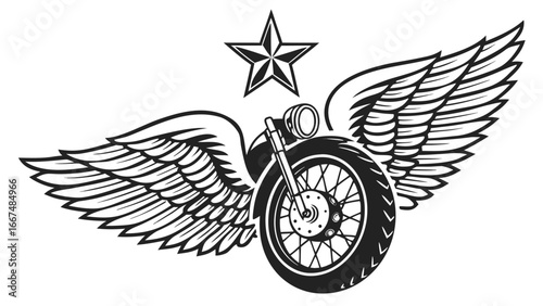 Classic motorcycle wheel with angel wings and a star emblem symbolizing freedom speed and adventure