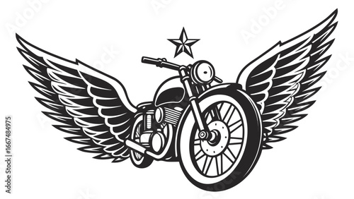 Classic motorcycle with angel wings and star emblem symbolizing freedom speed and rebellion in a bold black and white graphic design