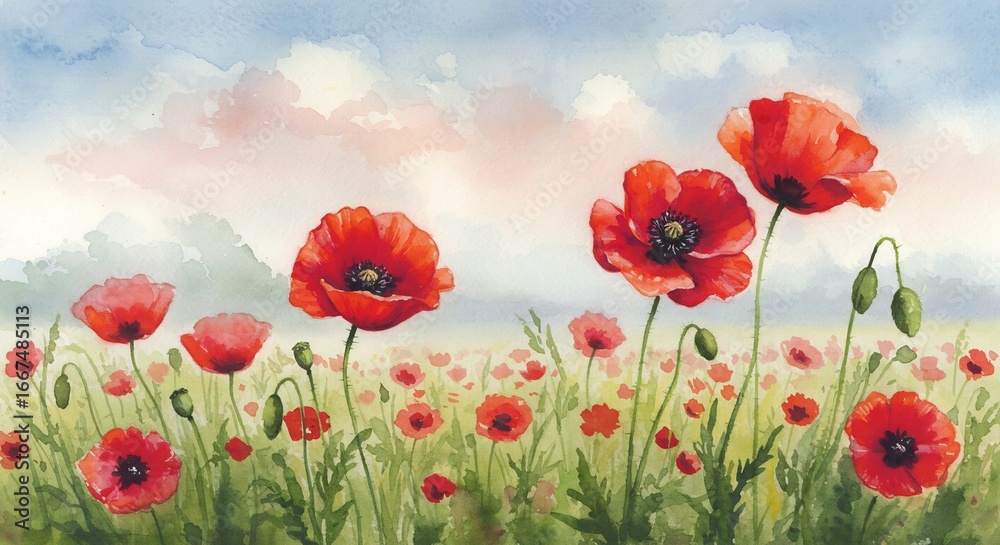 Obraz premium 水彩画風 赤いケシの花畑 柔らかな朝陽が輝く. AI Generated