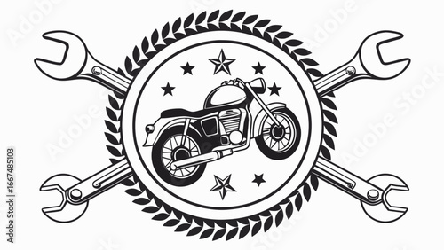 Classic motorcycle emblem featuring a vintage bike surrounded by wrench tools and laurel wreath accents with stars