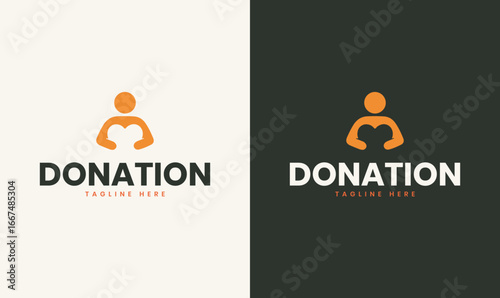 Modern donation logo design featuring a minimal human figure holding a heart symbol, perfect for charity, fundraising, and non-profit organizations.