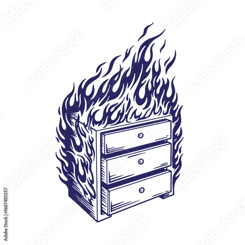 Burning dresser illustration depicting destruction and unwanted loss with detailed fire elements