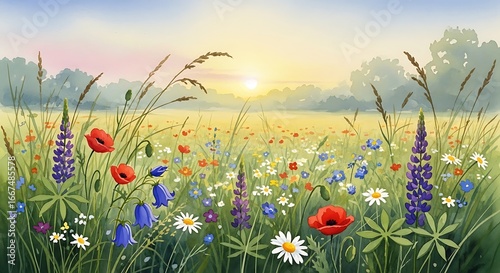 Vibrant meadow with wildflowers under morning sunlight.