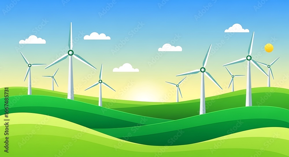 Fototapeta premium Wind turbines generating clean energy on green hills.