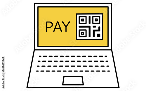 ノートパソコンとオンライン決済のバーコードのフィンテックアイコン