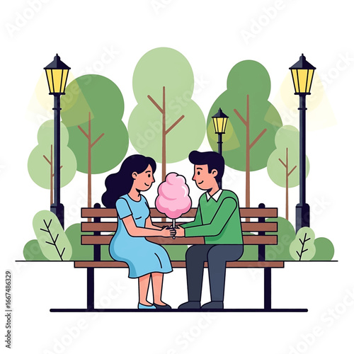 Couple sharing cotton candy on bench in park romantic date scene high quality professional