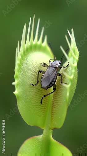 Vibrantly Green Venus Flytrap Close Up Captures Insect Inside Its Bristled Trap in Natural Habitat Representing Predatory Survival Adaptation and Biological Wonder. Fresh Botanical Details and